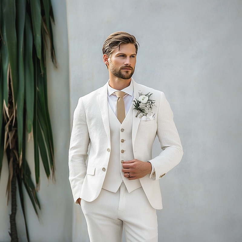 Men's Beach Wedding Linen Suits White Fashion Formal Solid Colored Standard Fit 3 Piece Single Breasted Two-buttons2
