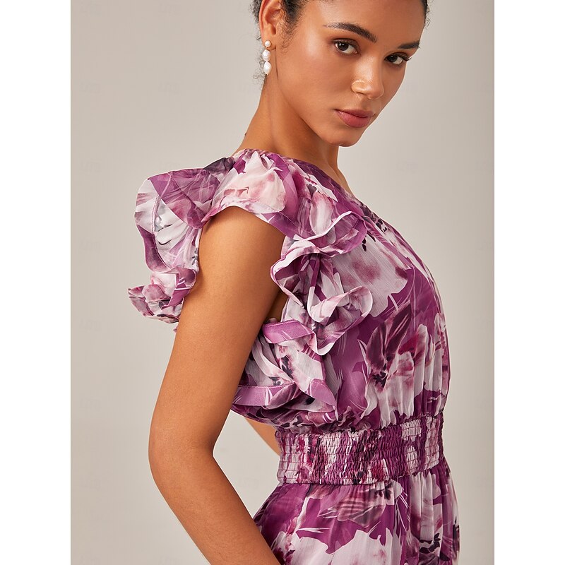 Women's Jumper Dress Flapper Dress Midi Dress Purple Sleeveless Floral Ruffle Off Shoulder Puff Sleeve Summer Surplice Neck Elegant Fashion S M L2
