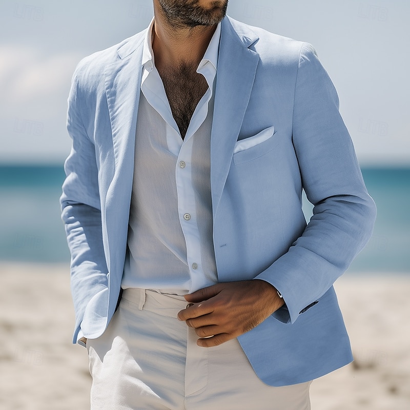 Men's Linen Blazer Sport Coat Notch Collar Fashion Casual Solid Colored Linen Blazer Sky Blue Standard Fit Single Breasted One-button2