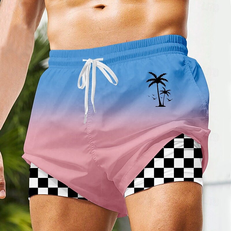 Men's Coconut Tree Grid / Plaid Lined Shorts 2 in 1 Board Shorts Swimming Trunks Mid Waist Hawaiian Vacation Beach Side Pockets With Compression Liner Elastic Drawstring Waist Designer Clothing