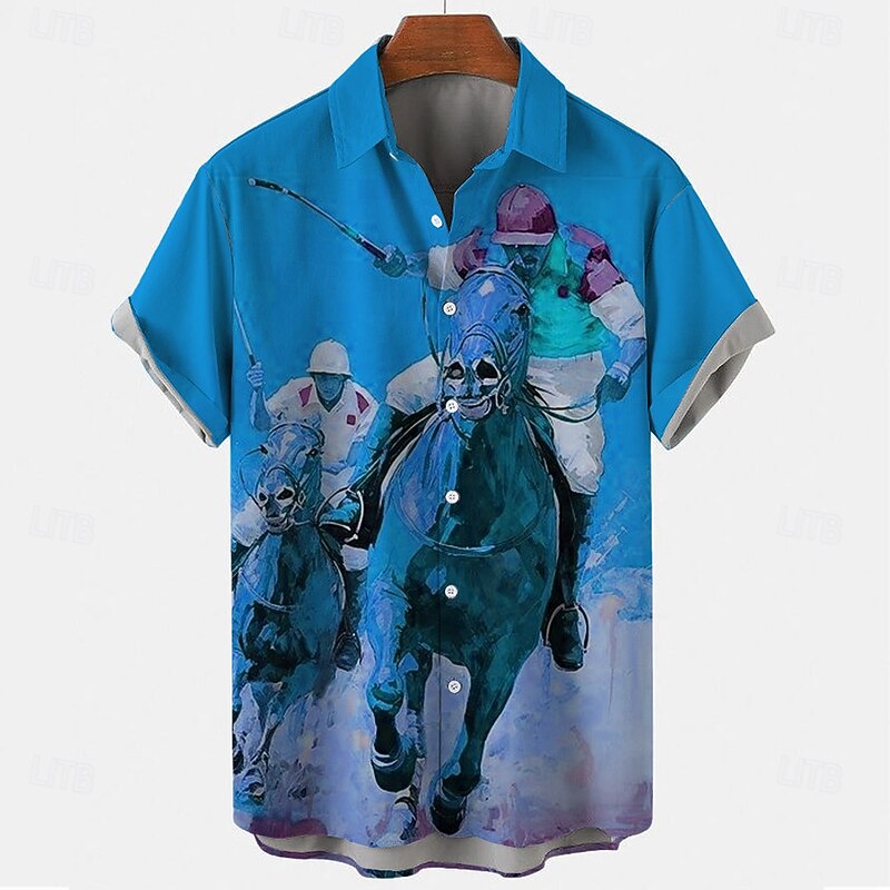 Kentucky Derby Men's Horse Racing Shirt Button Up Shirt Short Sleeve Vintage Retro Holiday Festival Summer Spring Turndown 3D Print Funny Kentucky Derby Shirts Blue Orange2