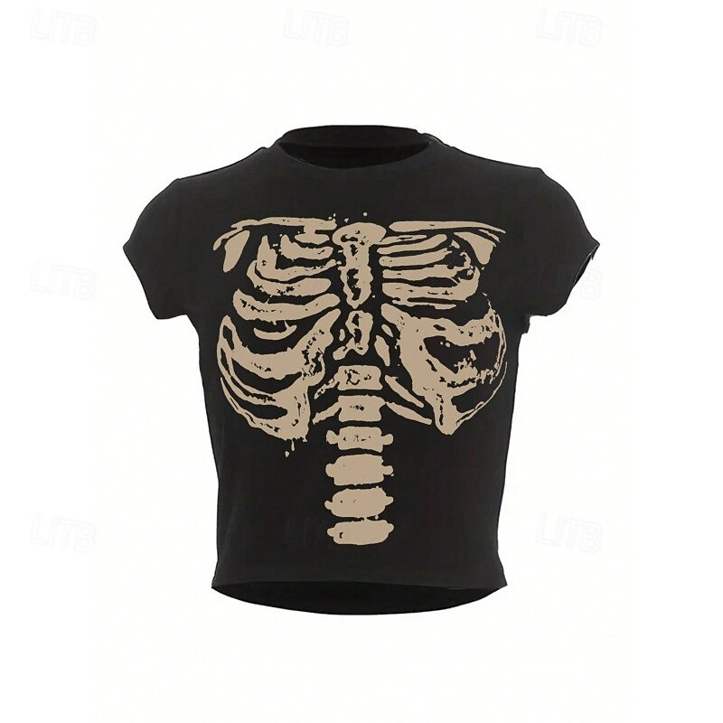 Punk & Gothic Crop Top Tee Goth Girl Skeleton Fancy Dress Women's Halloween Carnival Casual Daily Adults' T-shirt Summer2
