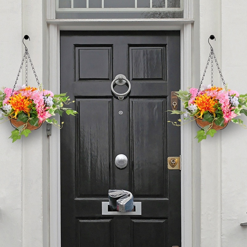 Spring Wreath Hanging Flower Basket - Portable Hooked Artificial Potted Plant for Outdoor Patio & Door Decoration4