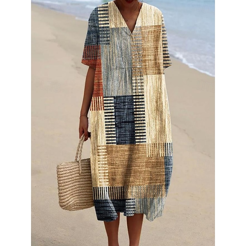 Women's Midi Dress Sundress A Line Dress Linen Vacation Casual Beach Going out Loose Fit Graphic Geometric Short Sleeve V Neck Pink Blue Khaki Summer2