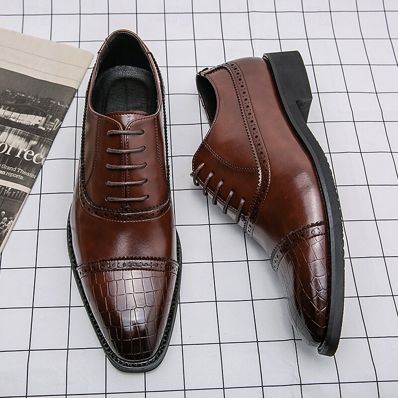 Elegant Brown Faux Leather Dress Shoes with Brogue Detailing for Professional and Business Settings3