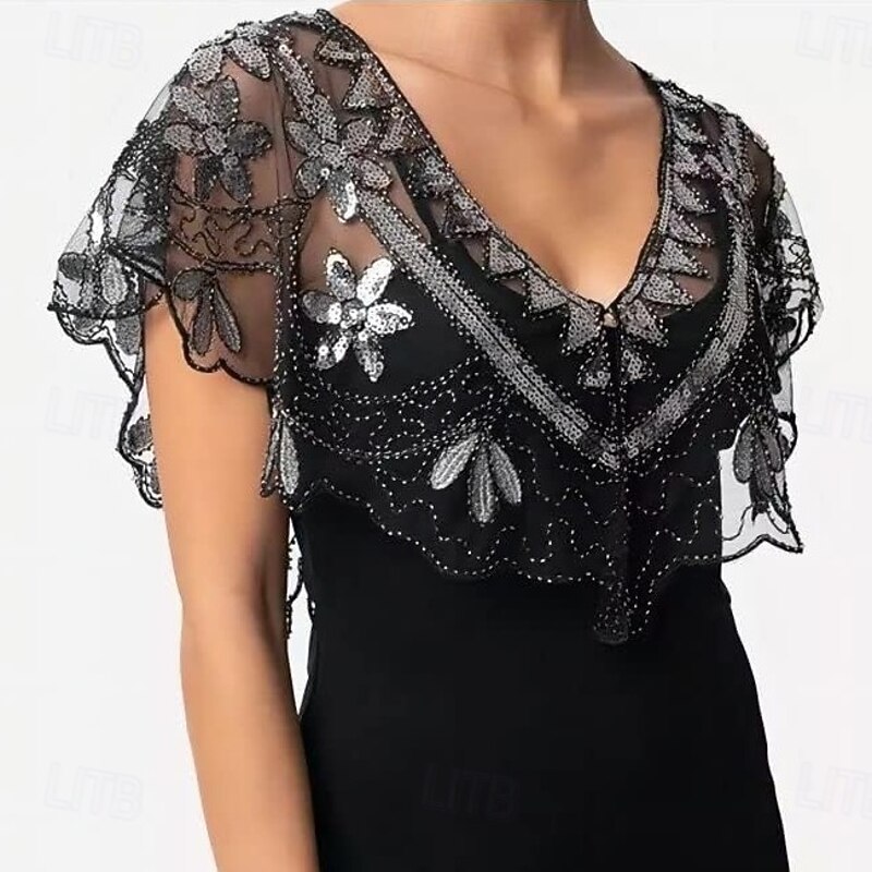 Retro Vintage Roaring 20s 1920s Scarf Wrap Shawls The Great Gatsby Flapper Girl Sequins Tassel Fringe Fringe Fancy Dress Women's Carnival Wedding Evening Party Masquerade Adults' Shawl