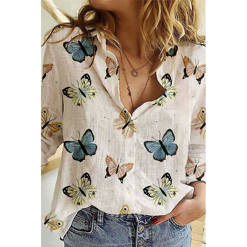 Women's Shirt Blouse Butterfly Flower Modern Casual Long Sleeve Shirt Collar Regular Tops Holiday Going out Buttons Print White Blue Khaki Beige Light Blue Summer