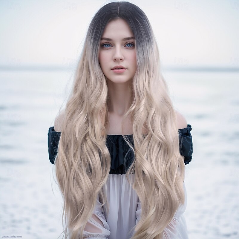 Synthetic Wig Water Wave Curly Weave Layered Haircut With Bangs Machine Made Wig 28 inch A1 Synthetic Hair Women's Classic Comfortable Color Gradient Dark Gray Multi-color2