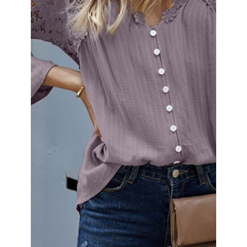 Women's Blouse Solid Color Stylish Casual Long Sleeve V Neck Regular Tops Daily Buttons Black White Red Purple Green Summer Spring3