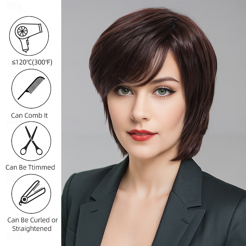 Synthetic Wig Wavy Curly Weave Asymmetrical Neat Bang Machine Made Wig 30 inch A1 Synthetic Hair Women's Classic Comfortable Color Gradient Brown2