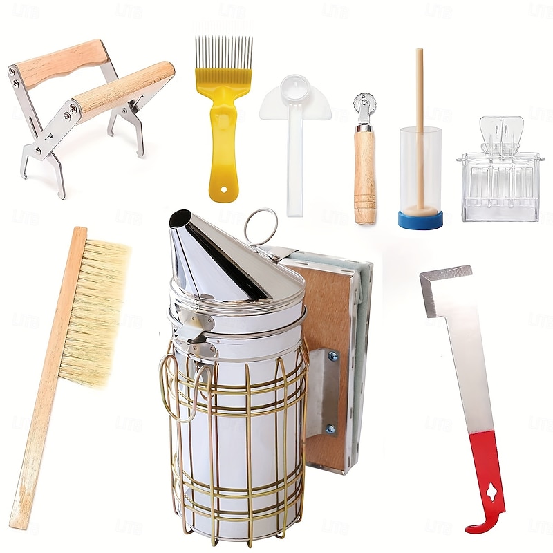 9pcs Beekeeping Tool Kit for Beginners - Durable Stainless Steel, Wood & Plastic Tools with Variety of Beehive Accessories - Ideal Gift Set for Aspiring Beekeepers, Beekeeping Supplies