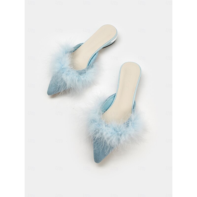 Women's White Fluffy Pointed Toe Flat Mules – Cozy Faux Fur Slip-On Shoes for Casual Chic Outfits3