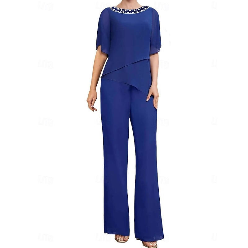 Pantsuit Mother of the Bride Dress Wedding Guest Elegant Simple Square Neck Floor Length Polyester Short Sleeve with Solid Color4