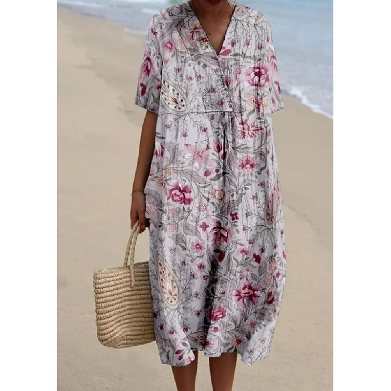 Women's Midi Dress Sundress A Line Dress Linen Vacation linen like Casual Beach Going out Loose Fit Floral Graphic Short Sleeve V Neck Light Yellow Light Green Light Purple3