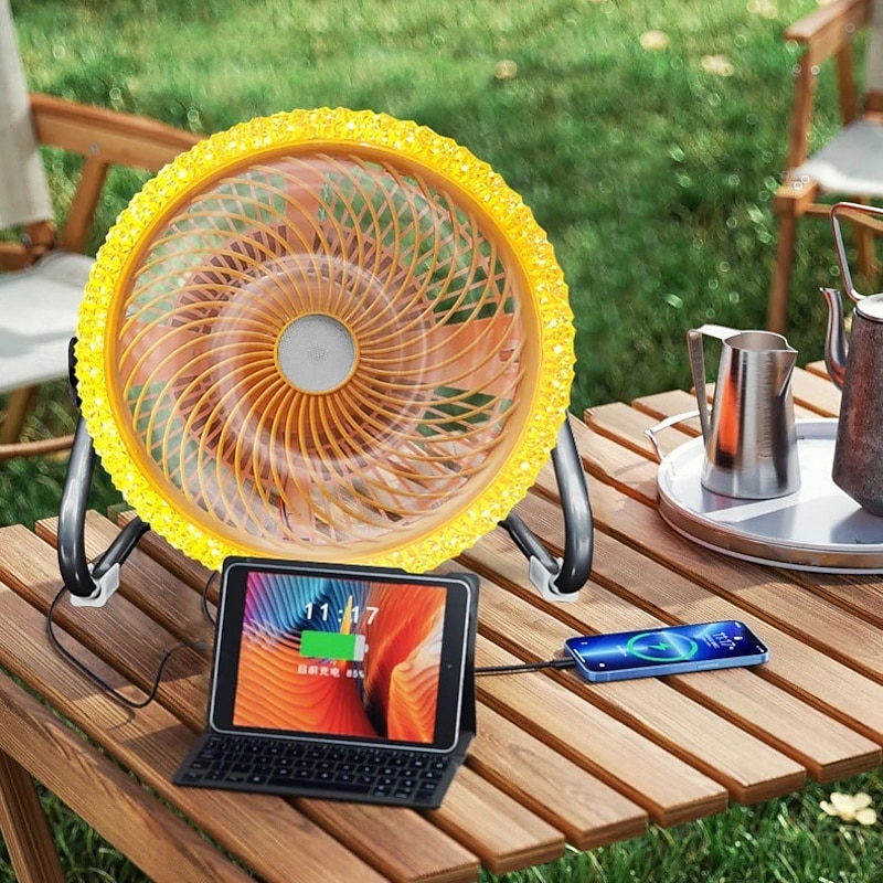 Battery Operated Solar Desk Fan with LED Light 3-in-1 Solar Panel Powered & DC Charger Powered & Power Bank 12'' Cordless High Velocity Floor Fan For Household Camping Travel Outdoor 1PC4