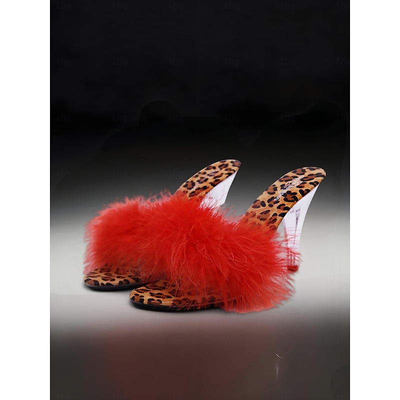 Women's Leopard Print Heeled Mules with Red Fluffy Feathers – Sexy & Playful Open-Toe Slip-Ons