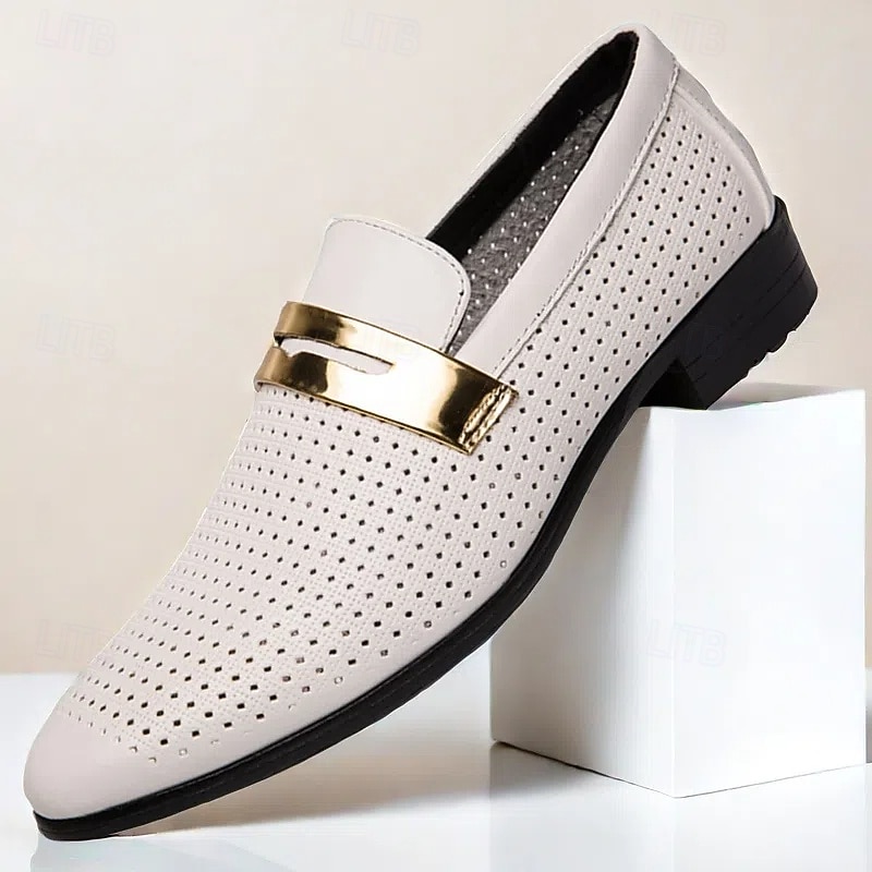 Men's Prom Shoes - Ivory Perforated Faux Leather Loafers with Gold Buckle Detail for Formal Occasions