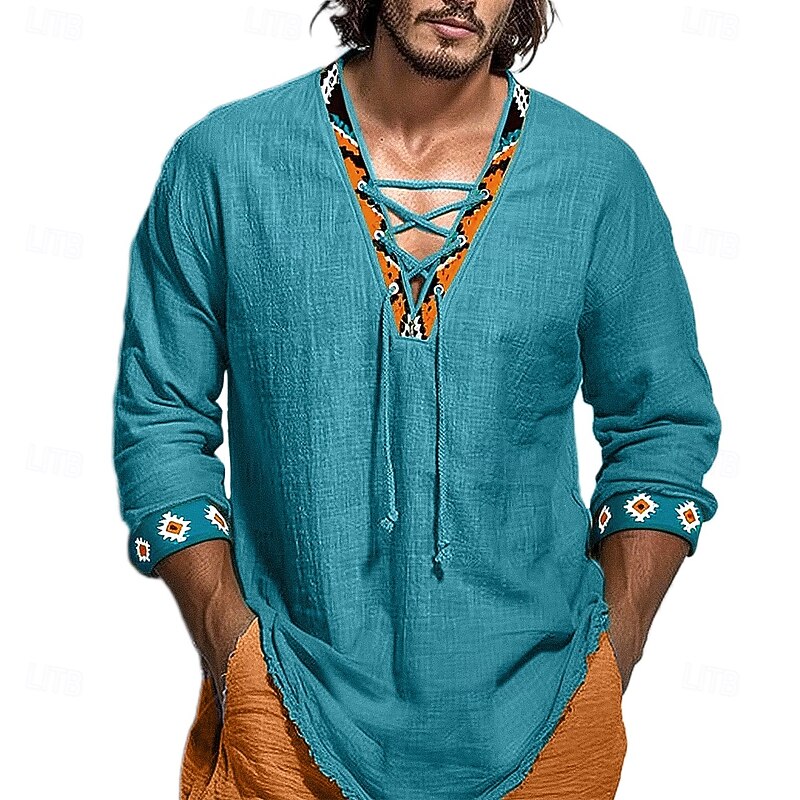 OUKU Men's Shirt Linen Shirt Summer Shirt Beach Shirt Solid Color Vacation Casual Black White Green Long Sleeve V Neck Clothing Apparel Drawstring3