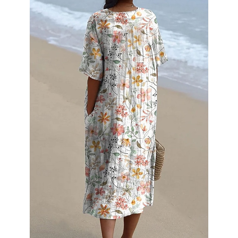 Women's Midi Dress Sundress Vacation Casual Beach Going out Loose Fit Floral Graphic Short Sleeve V Neck White Blue Summer4