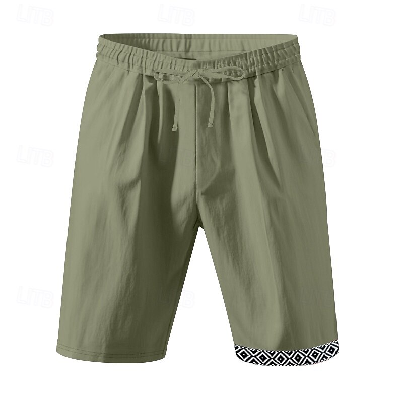 Men's Shorts Linen Shorts Summer Shorts Beach Shorts Patchwork Drawstring Elastic Waist Plain Comfort Breathable Knee Length Outdoor Daily Holiday Fashion Hawaiian Dark Khaki Black2