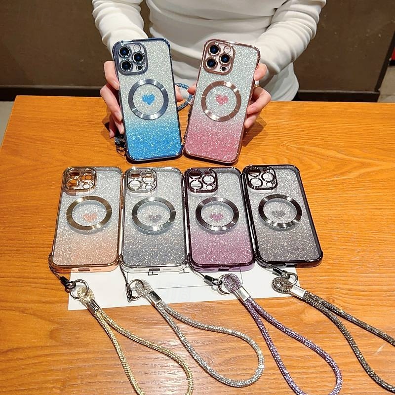 Phone Case For iPhone 17 Pro Max 17 Air 16 15 14 Pro Max Plus 16e 13 12 Pro Max Back Cover Magnetic Support Wireless Charging with Wrist Strap Retro TPU Plating