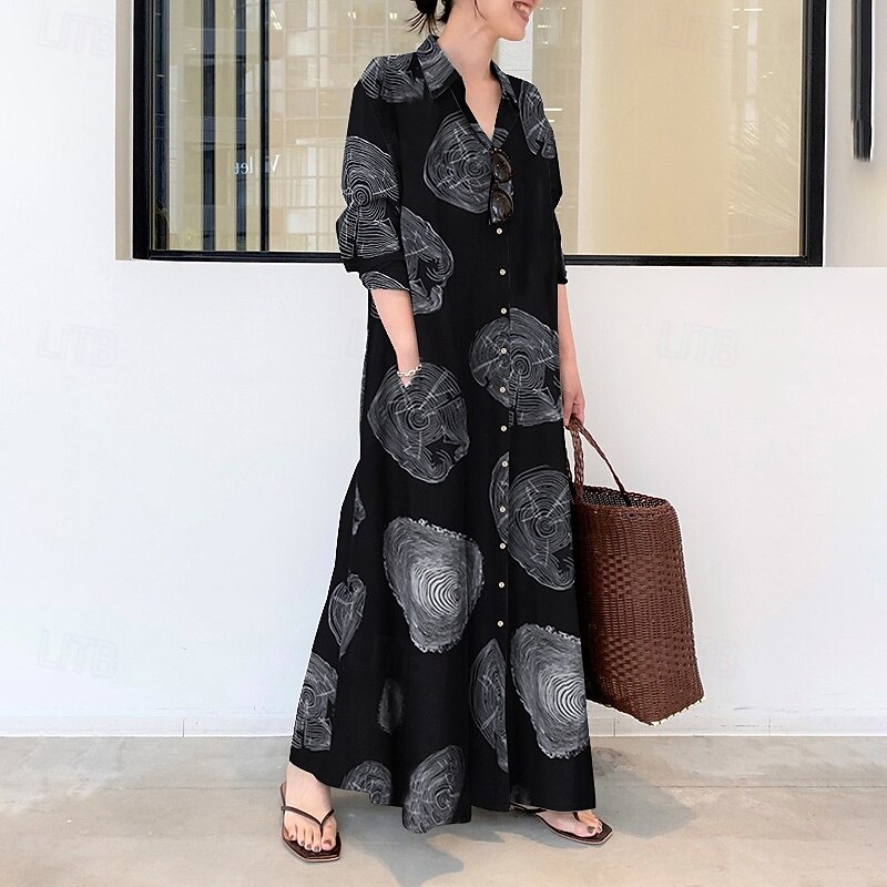Women's Long Dress Maxi Dress Cotton Linen Dress Print Dress Fashion Daily Weekend Regular Fit Flower Long Sleeve Shirt Collar Black White Yellow Red Summer3