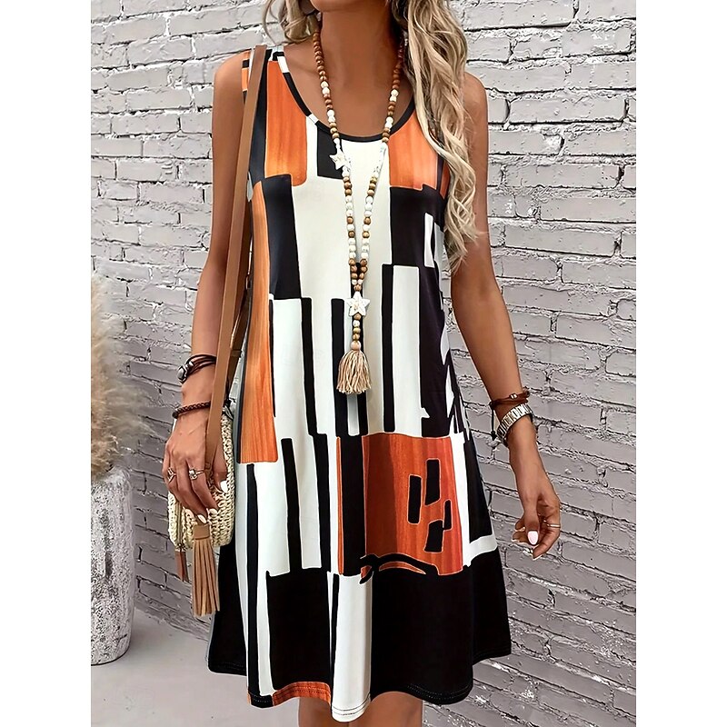 Women's Mini Dress A Line Dress Summer Dress Off The Shoulder Dress Vacation Vintage Stylish Daily Loose Fit Graphic Geometric Sleeveless U Neck Orange Summer Spring