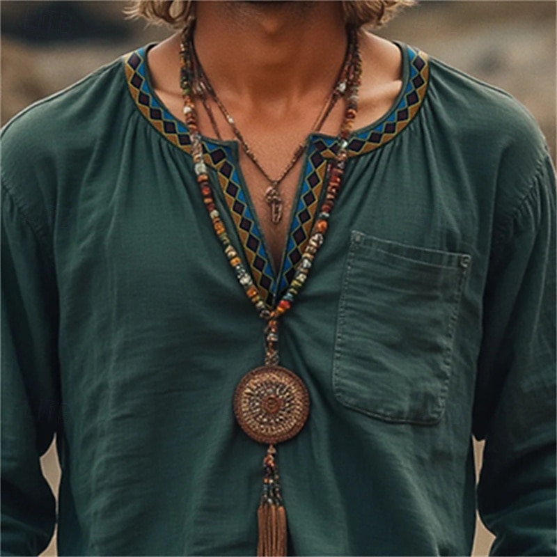 Men's Shirt Linen Shirt Summer Shirt Beach Shirt Solid Color Vacation Holiday Green Long Sleeve Clothing Apparel2