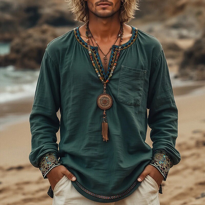 Men's Shirt Linen Shirt Summer Shirt Beach Shirt Solid Color Vacation Holiday Green Long Sleeve Clothing Apparel