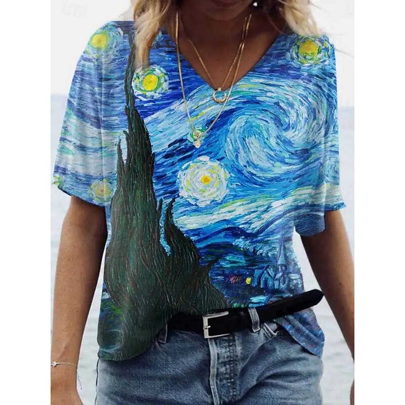 Women's T Shirt Floral Fashion Modern Long Sleeve V Neck Regular Tops Daily Print Royal Blue Blue Dusty Blue Purple Fuchsia Summer3