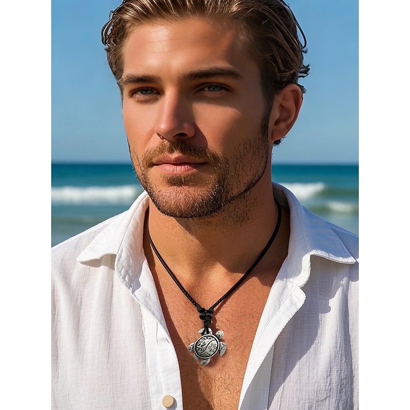 "Men's Tribal Sea Turtle Pendant Necklace – Vintage Handcrafted Leather Rope Chain, Boho Surf Style Jewelry for Beach, Vacation, and Casual Wear"2