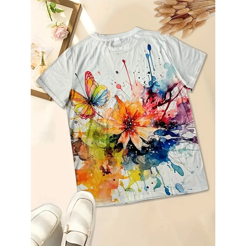 Women's T Shirt Summer Tops Graphic Oil painting flowers Classic Casual Short Sleeve Crew Neck Crop Tops Daily Weekend Print Rainbow Summer Spring Fall4