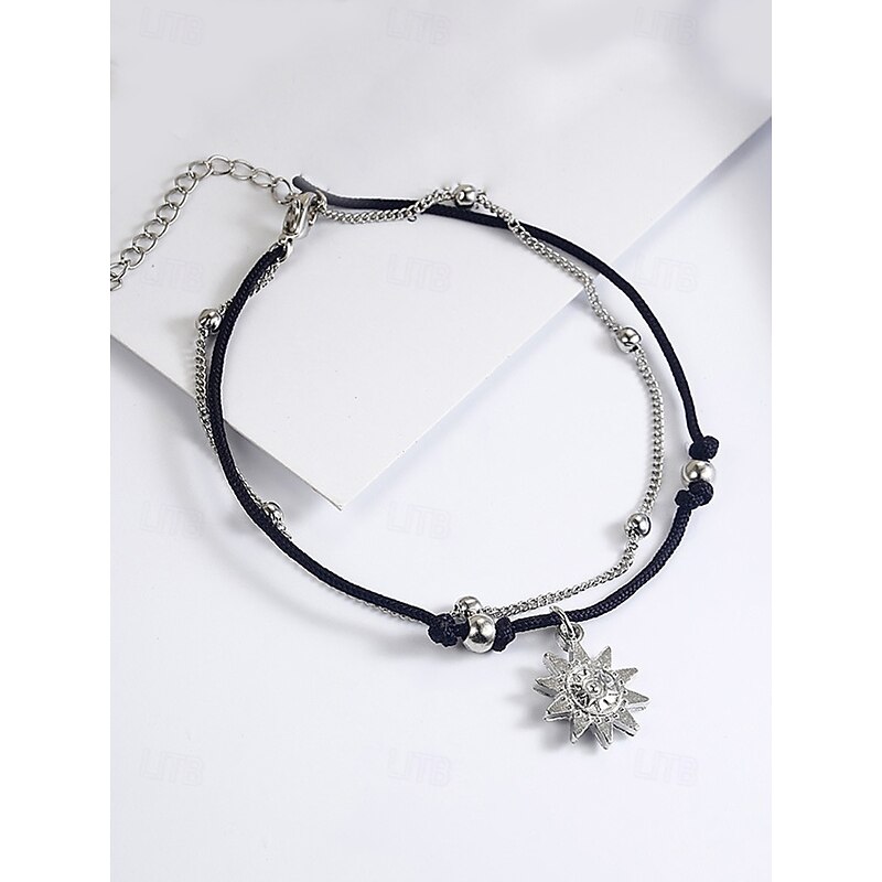 Boho Sun Charm Anklet for Women – Adjustable Layered Beach Foot Jewelry, Silver Chain & Black Cord Ankle Bracelet for Summer, Vacation and Daily Wear4