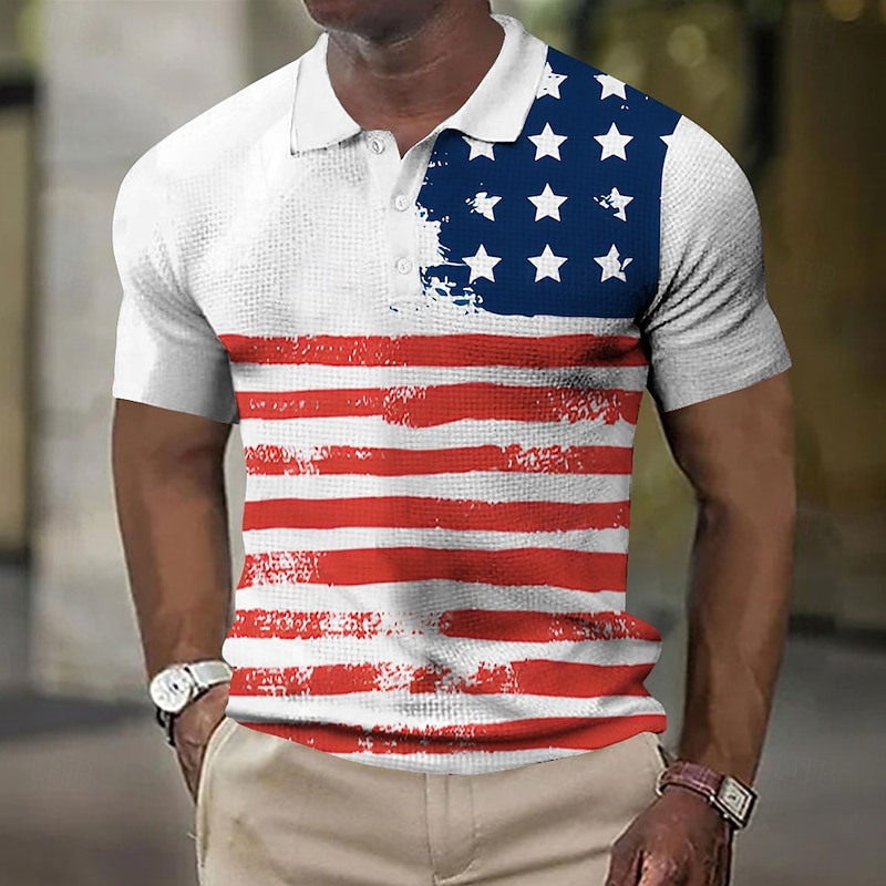 American Independence Day Men's American US Flag Waffle Polo Shirts Short Sleeve Polo Shirts Collared Shirts Casual Daily Wear Festival Outfit 3D Print Buttons Summer White Blue