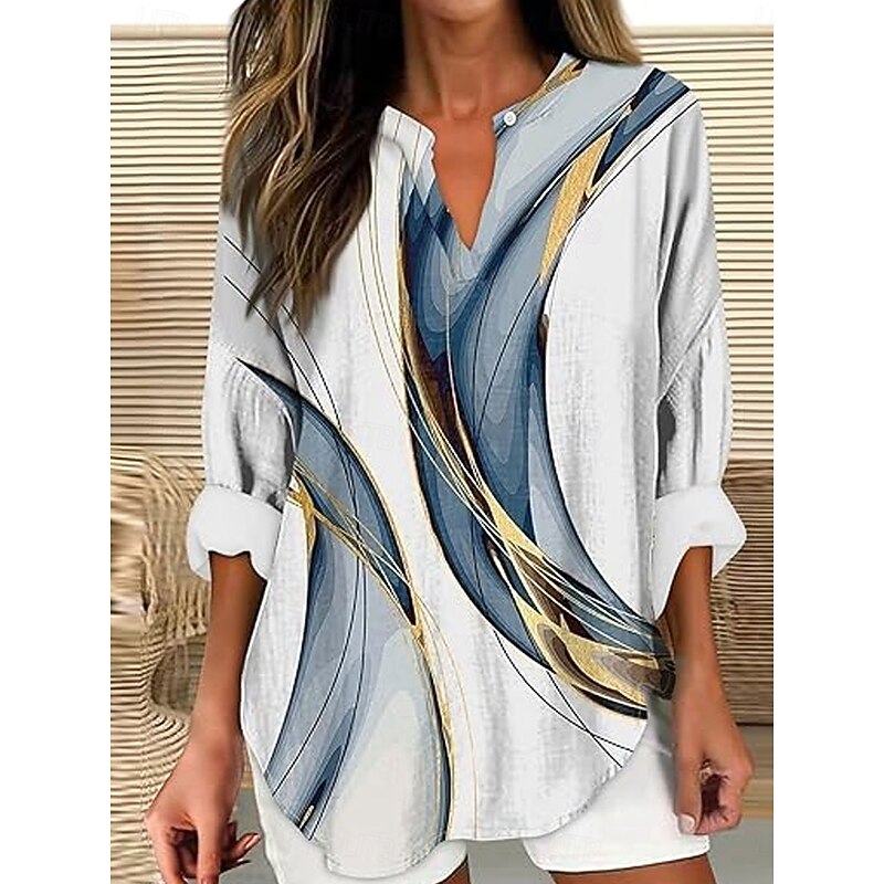 Women's Blouse Tunic V Neck Long Sleeve Boho Casual Tops 3D Print Floral Graphic Vintage Tropical Regular Tops Daily Wear Print White Yellow Pink Blue Khaki2