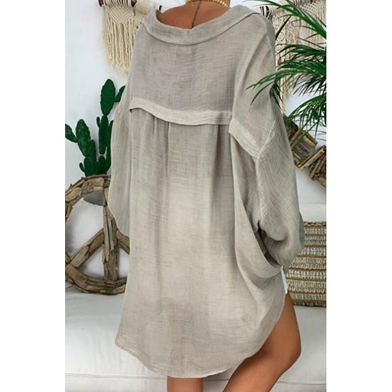 Women's Shirt Cotton Linen Shirts Button Up Blouse Plain Basic Modern Long Sleeve Shirt Collar Long Tops Holiday Going out Buttons Asymmetric Black White Blue Purple Gray Summer2