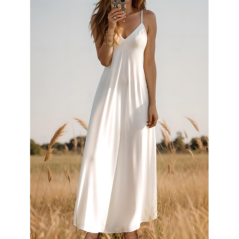 Women's Maxi Dress Sundress A Line Dress Slip Dress Vacation Casual Vacation Daily Beach Regular Fit Solid Color Graphic Plain Sleeveless V Neck Black White Yellow Wine Summer Spring