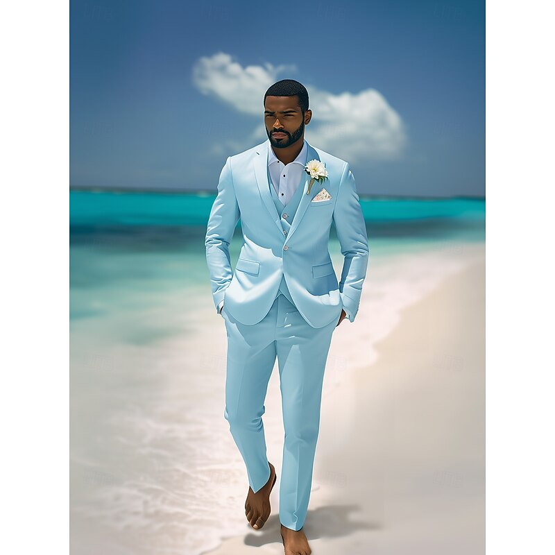Men's Casual Beach Wedding Suits Notch Lapel Sky Blue Fashion Casual Solid Colored Standard Fit 3 Piece Single Breasted One-button2