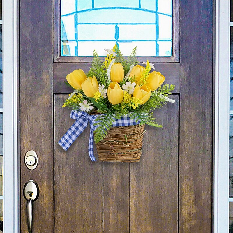 Spring Wreath Artificial Tulip and Greenery Vine Basket Hanging Decoration with Gingham Ribbon for Hotels, Cafes, Home Entryways2