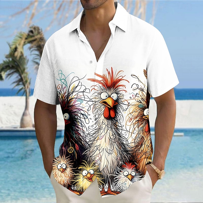 Men's Animal Chick Funny Shirt Button Up Shirt Short Sleeve Fashion Casual Vacation Holiday Streetwear Summer Turndown 3D Print Collared Shirts Front One Pocket Black White Yellow Blue Purple
