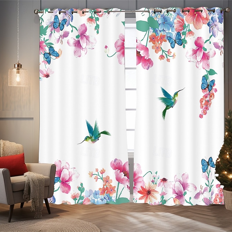Blackout Curtains French Style Countryside Hummingbird Insulation Outdoor Balcony Rest Living Room Home Decoration 2-piece Set Of 3d Digital Printing Perforated