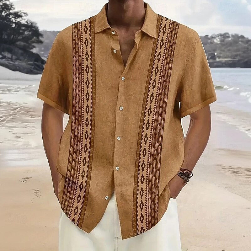 Men's Geometric Shirt Casual Shirt Button Up Shirt Short Sleeve Vintage Retro Vacation Dailywear Summer Spring Turndown 3D Print Collared Shirts Yellow Blue Dark Green2