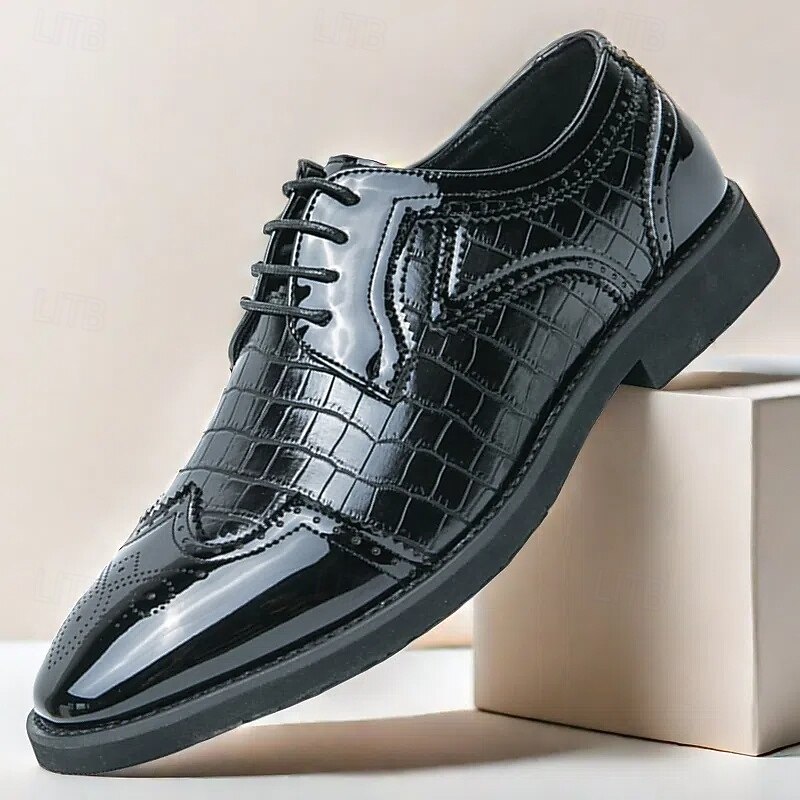 Men's Black Crocodile Pattern Patent Leather Oxfords - Elegant Dress Shoes for Formal Events