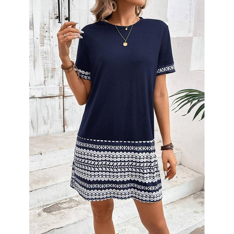 Women's Mini Dress T Shirt Dress Tee Dress Shift Dress Formal Vacation Daily Regular Fit Graphic Geometric Tribal Short Sleeve Crew Neck Dark Blue Summer Spring3