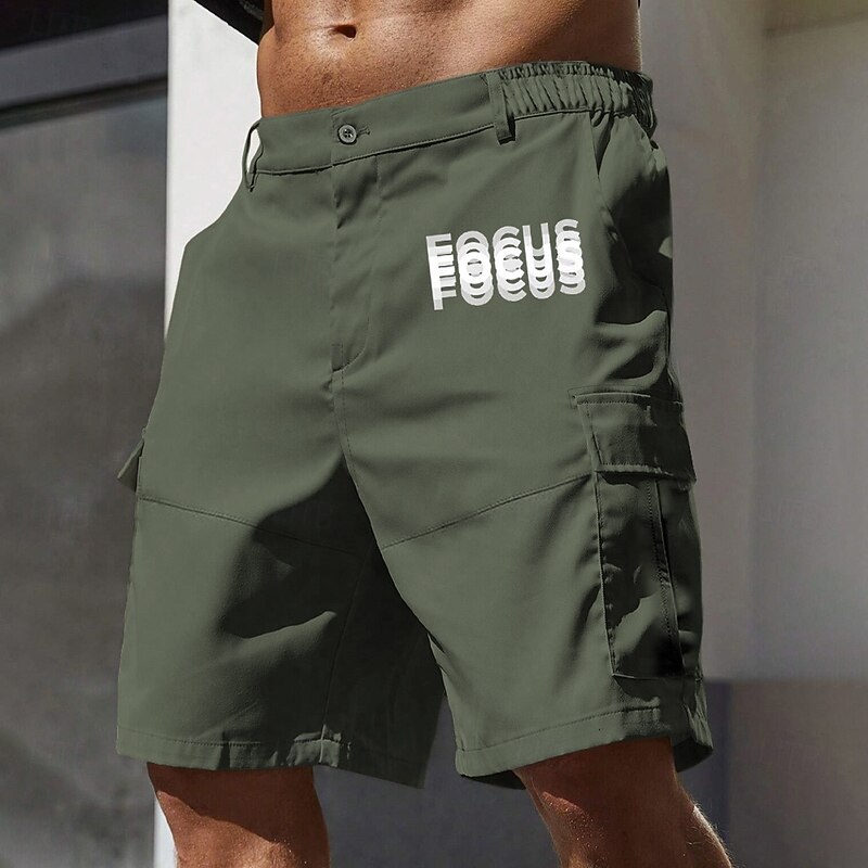 Men's Cargo Shorts Work Shorts Elastic Waist Multi Pocket Double Vision Letters Knee Length Sports Outdoor Casual Camping & Hiking Classic Shorts Black Army Green Micro-elastic3