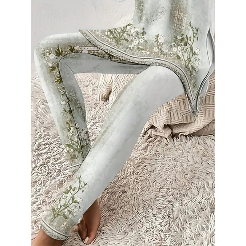 Women's Pajamas Fashion Basic Comfort Flower Shirt Pant Home Daily Bed Long Sleeve Crew Neck Gray Summer Spring3