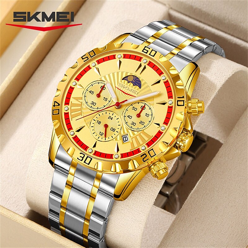 SKMEI Men's Sun Moon Star Steel Belt Watch Multi Functional Three Eye Six Needle Timing Night Light Pointer Watch - Main Image