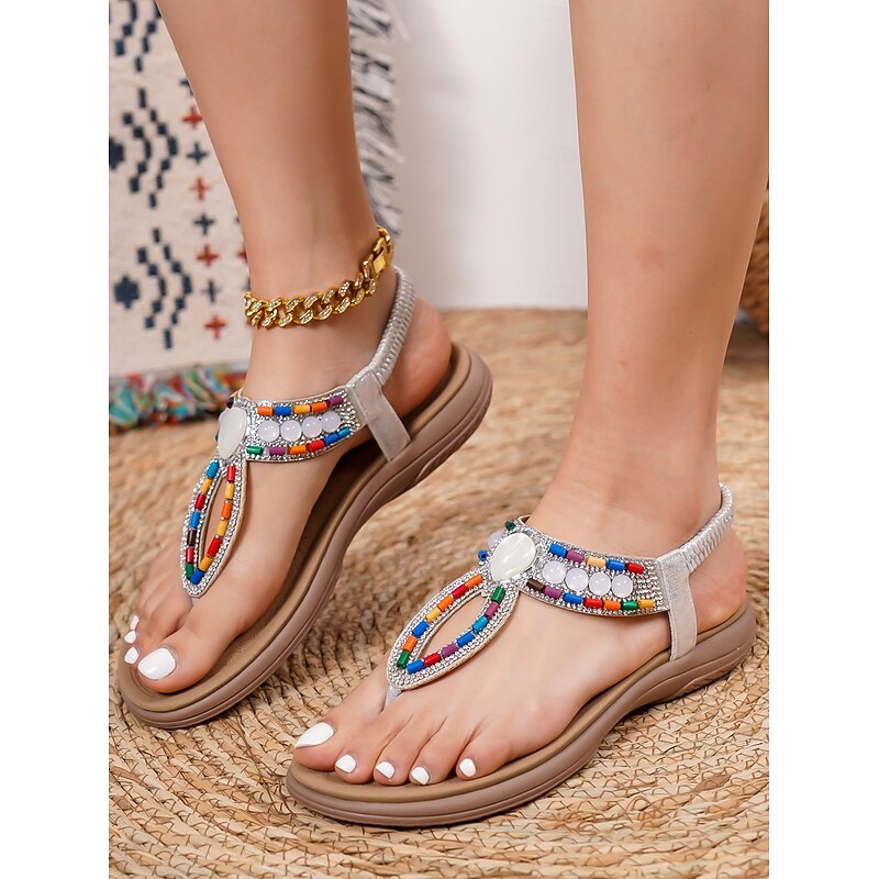 Women's Bohemian Beaded Sandals – Colorful Rhinestone T-Strap Flat Sandals for Summer, Beach, and Casual Wear3