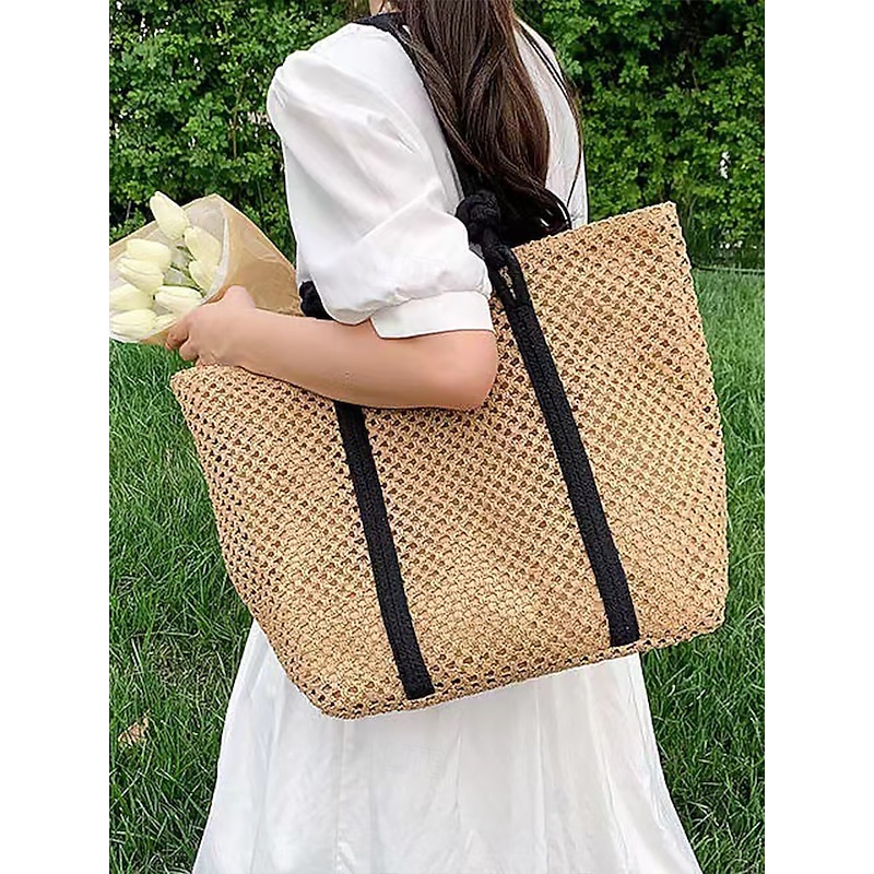 Women's Handmade Straw Tote Bag – Bohemian Woven Beach Handbag with Wooden Beaded Handles, Summer Vacation Shoulder Bag for Travel, Shopping & Casual Outings2