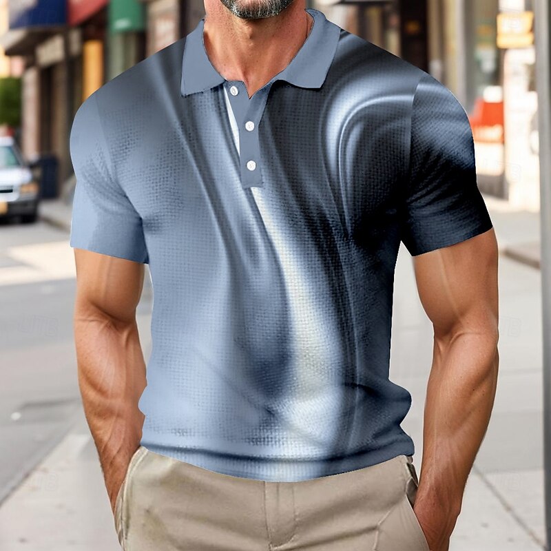 Men's Geometic Line Waffle Polo Shirts Short Sleeve Polo Shirts Collared Shirts Business Casual Outdoor Business Athleisure Buttons 3D Print Summer Blue